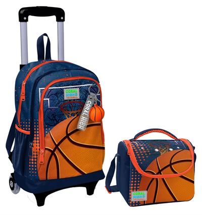 Coral High Turuncu Lacivert Basketbol Işıklı Tekerlekli Okul Çantası ve Beslenme Seti - Erkek Çocuk