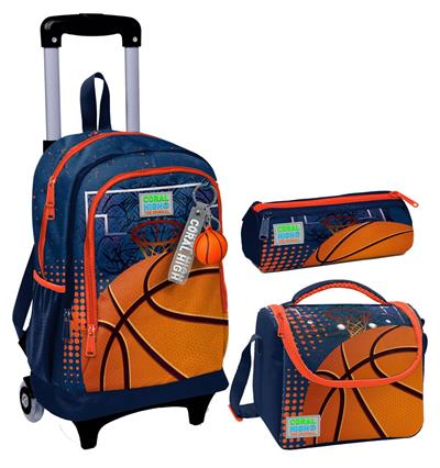 Coral High Turuncu Lacivert Basketbol Üçlü Çekçek Işıklı Tekerlekli Çanta Seti - Erkek Çocuk