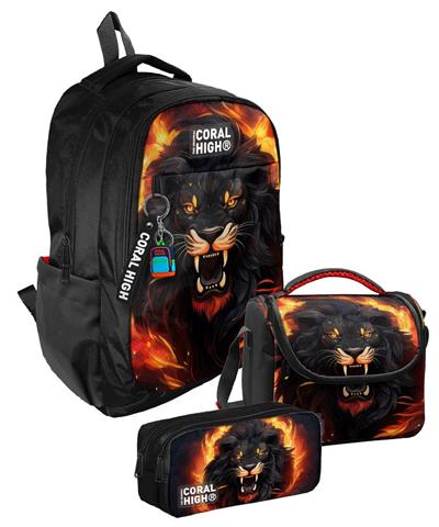 Coral High Üç Bölmeli Erkek Çocuk, Siyah Kükreyen Aslan, İlkokul ve Ortaokul Üçlü Okul Çanta Seti