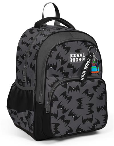 Coral High Üç Bölmeli İlkokul Okul Çantası - Erkek Çocuk - Siyah Yarasa Desenli - 33244