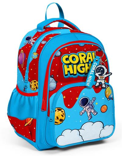 Coral High Üç Bölmeli İlkokul Okul Çantası - Erkek Çocuk - Kırmızı Mavi Astronot Baskılı - 33245