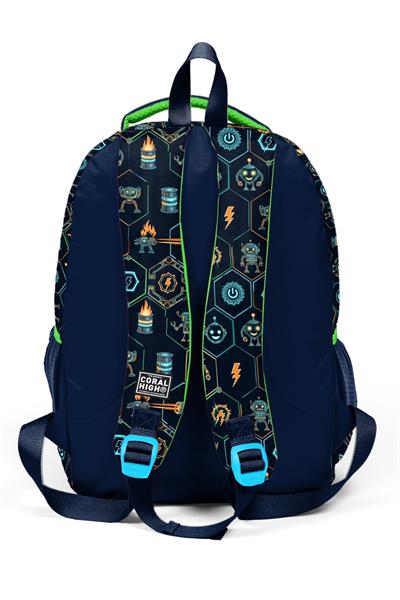 Coral High Üç Bölmeli İlkokul Okul Çantası - Erkek Çocuk - Lacivert Robot Baskılı - 33246