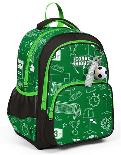 Coral High Üç Bölmeli İlkokul Okul Çantası - Erkek Çocuk - Yeşil Futbol Baskılı - 33247