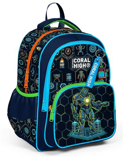 Coral High Üç Bölmeli İlkokul Okul Çantası - Erkek Çocuk - Lacivert Robot Baskılı - 33246