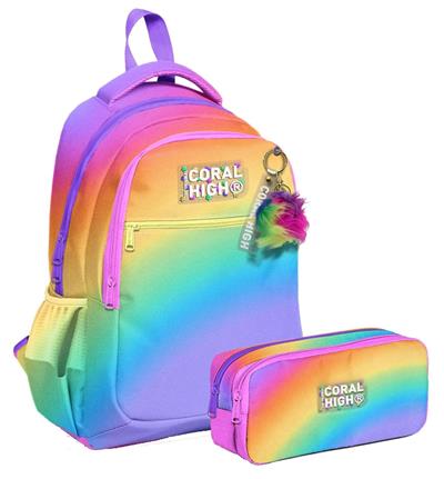 Coral High Üç Bölmeli İlkokul Sırt Çantası ve İki Bölmeli Kalemlik - Kız Çocuk - Çok Renkli Renk Geçişli Gradyan