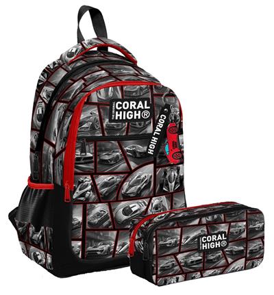 Coral High Üç Bölmeli İlkokul Sırt Çantası ve İki Bölmeli Kalemlik - Erkek Çocuk - Siyah