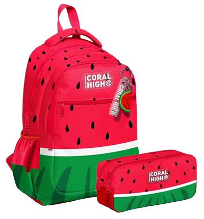 Coral High Üç Bölmeli İlkokul Sırt Çantası ve İki Bölmeli Kalemlik - Erkek Çocuk - Kırmızı Yeşil Karpuz