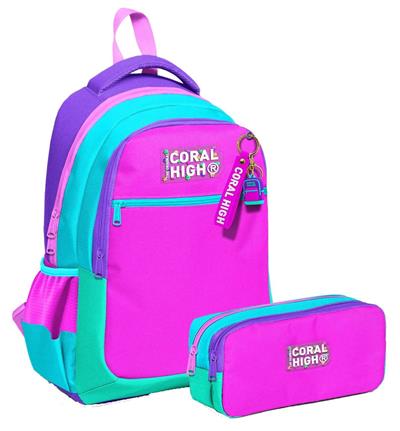 Coral High Üç Bölmeli İlkokul Sırt Çantası ve İki Bölmeli Kalemlik - Kız Çocuk - Pembe Yeşil Çok Renkli
