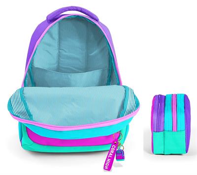 Coral High Üç Bölmeli İlkokul Sırt Çantası ve İki Bölmeli Kalemlik - Kız Çocuk - Pembe Yeşil Çok Renkli