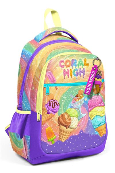 Coral High Üç Bölmeli Kız Çocuk Mor Sarı Dondurma Baskılı İlkokul Sırt Çantası - 33254
