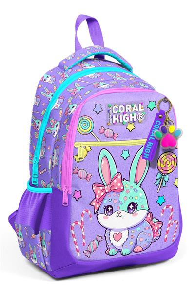 Coral High Üç Bölmeli Kız Çocuk Mor Sevimli Tavşan Baskılı İlkokul Sırt Çantası - 33255