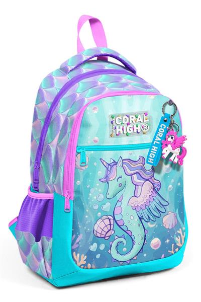 Coral High Üç Bölmeli Kız Çocuk Su Yeşili Unicorn Baskılı İlkokul Sırt Çantası - 33256