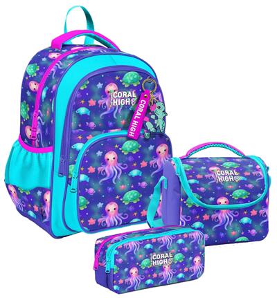 Coral High Üç Bölmeli Lavanta Turkuaz Deniz Anası, Kız Çocuk, İlkokul Üçlü Okul Çanta Seti
