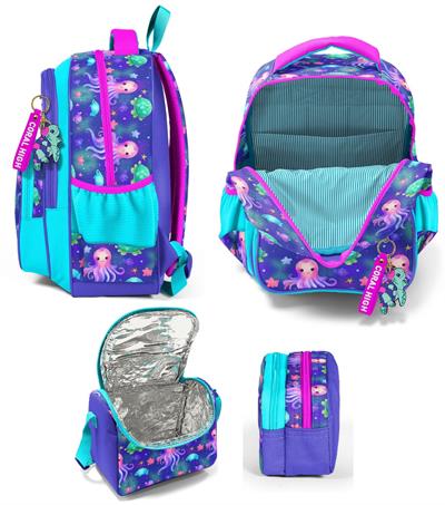 Coral High Üç Bölmeli Lavanta Turkuaz Deniz Anası, Kız Çocuk, İlkokul Üçlü Okul Çanta Seti