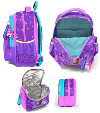 Coral High Üç Bölmeli Mor Pembe Dondurma Unicorn, Kız Çocuk, İlkokul Üçlü Okul Çanta Seti
