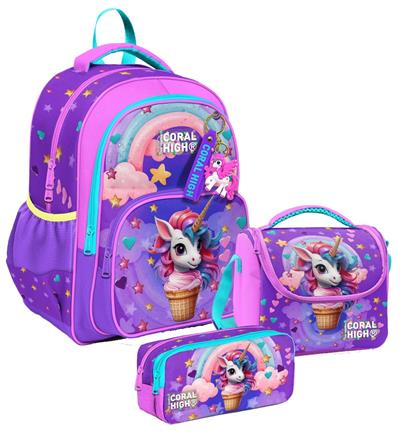 Coral High Üç Bölmeli Mor Pembe Dondurma Unicorn, Kız Çocuk, İlkokul Üçlü Okul Çanta Seti