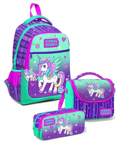 Coral High Üç Bölmeli Okul Sırt Çantası Beslenme Çantası ve Kalemlik Seti - Yeşil Mor Pegasus - Kız Çocuk