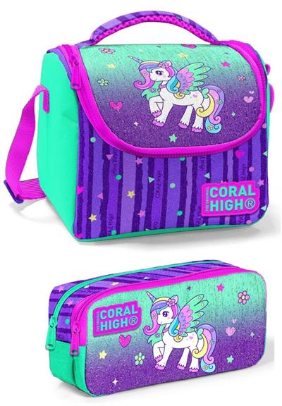 Coral High Üç Bölmeli Okul Sırt Çantası Beslenme Çantası ve Kalemlik Seti - Yeşil Mor Pegasus - Kız Çocuk
