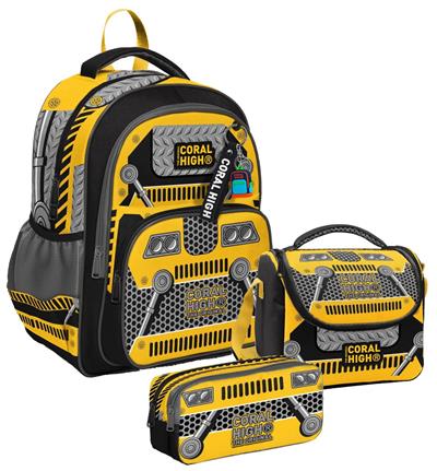 Coral High Üç Bölmeli Siyah Sarı Robot, Erkek Çocuk, İlkokul Üçlü Okul Çanta Seti