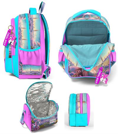Coral High Üç Bölmeli Turkuaz Pembe Anime Kız, Kız Çocuk, İlkokul Üçlü Okul Çanta Seti
