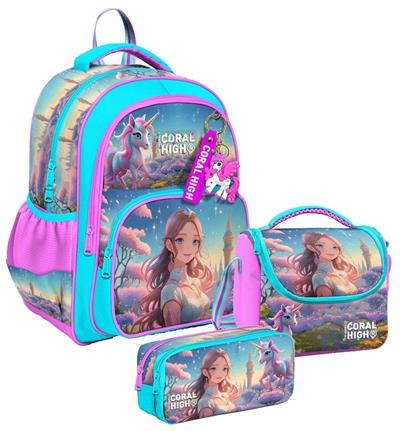 Coral High Üç Bölmeli Turkuaz Pembe Anime Kız, Kız Çocuk, İlkokul Üçlü Okul Çanta Seti