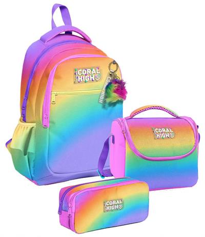 Coral High Üç Gözlü Çok Renkli Renk Geçişli Gradyan, Kız Çocuk, İlkokul Üçlü Okul Çanta Seti