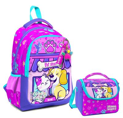 Coral High Üç Gözlü İlkokul Çantası ve Beslenme Çantası - Kedi Köpek Desenli - Kız Çocuk