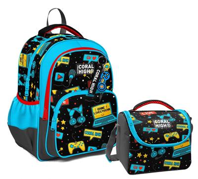 Coral High Üç Gözlü İlkokul Çantası ve Beslenme Çantası - Siyah Mavi Gamer Desenli - Erkek Çocuk