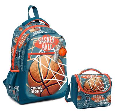 Coral High Üç Gözlü İlkokul Çantası ve Beslenme Çantası - Nefti Turuncu Basketbol Desenli - Erkek Çocuk