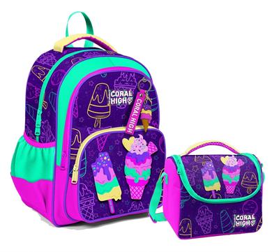 Coral High Üç Gözlü İlkokul Çantası ve Beslenme Çantası - Mor Pembe Dondurma Desenli - Kız Çocuk