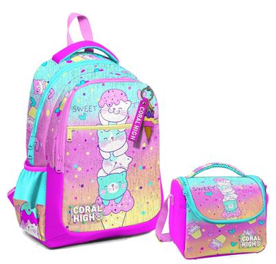 Coral High Üç Gözlü İlkokul Çantası ve Beslenme Çantası - Renkli Dondurmalı Kedi Desenli - Kız Çocuk