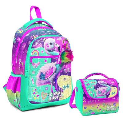 Coral High Üç Gözlü İlkokul Çantası ve Beslenme Çantası - Pembe Su Yeşili Flamingo Desenli - Kız Çocuk