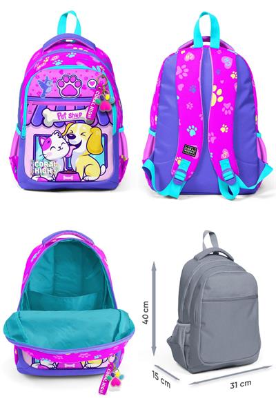 Coral High Üç Gözlü İlkokul Çantası ve Beslenme Çantası - Kedi Köpek Desenli - Kız Çocuk