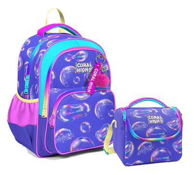 Coral High Üç Gözlü İlkokul Çantası ve Beslenme Çantası - Lavanta Pembe Baloncuk Desenli - Kız Çocuk