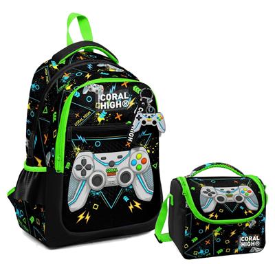 Coral High Üç Gözlü İlkokul Çantası ve Beslenme Çantası - Siyah Fosforlu Yeşil Gamer Desenli - Erkek Çocuk