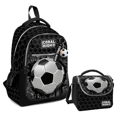 Coral High Üç Gözlü İlkokul Çantası ve Beslenme Çantası - Siyah Futbol Desenli - Erkek Çocuk