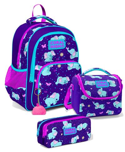 Coral High Üç Gözlü İlkokul Sırt Çantası Seti - Mor Sevimli Fil - Kız Çocuk