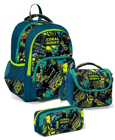 Coral High Üç Gözlü İlkokul Sırt Çantası Seti - Yeşil Grafiti - Erkek Çocuk