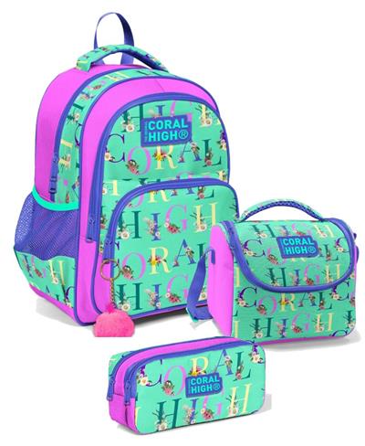 Coral High Üç Gözlü İlkokul Sırt Çantası Seti - Açık Yeşil Pembe Yazılı - Kız Çocuk