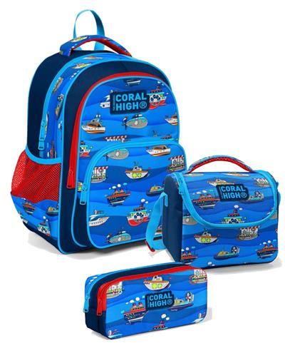 Coral High Üç Gözlü İlkokul Sırt Çantası Seti - Lacivert Mavi Gemiler - Erkek Çocuk