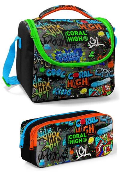 Coral High Üç Gözlü İlkokul Sırt Çantası Seti - Siyah Mavi Grafiti - Erkek Çocuk