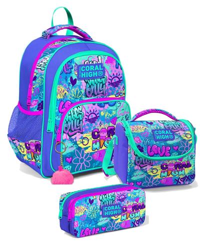 Coral High Üç Gözlü İlkokul Sırt Çantası Seti Lavanta Yeşil Pembe Grafiti - Kız Çocuk