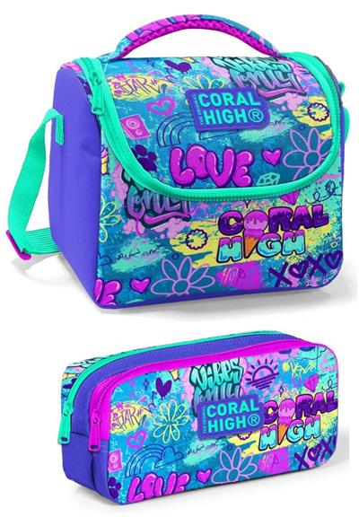 Coral High Üç Gözlü İlkokul Sırt Çantası Seti Lavanta Yeşil Pembe Grafiti - Kız Çocuk