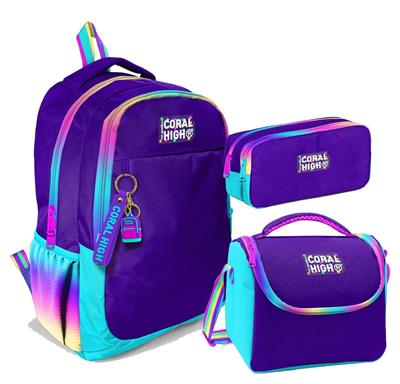 Coral High Üç Gözlü İlkokul ve Ortaokul Çanta Seti - Kız Çocuk - Rainbow Fermuarlı Mor Desenli