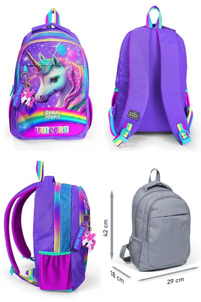 Coral High Üç Gözlü İlkokul ve Ortaokul Çanta Seti - Kız Çocuk - Mor Simli Unicorn Desenli