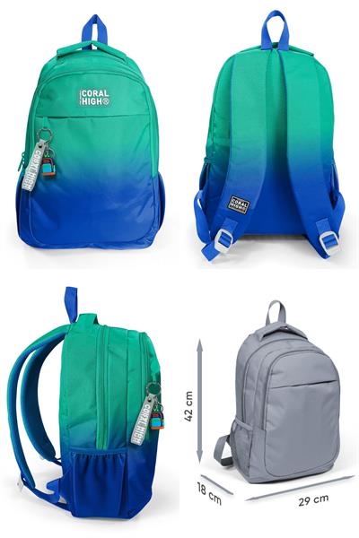Coral High Üç Gözlü İlkokul ve Ortaokul Çanta Seti - Erkek Çocuk - Yeşil Saks Renk Geçişli Desenli