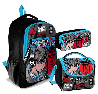 Coral High Üç Gözlü İlkokul ve Ortaokul Çanta Seti - Erkek Çocuk - Siyah Mavi Anime Desenli