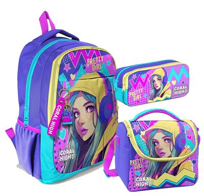 Coral High Üç Gözlü İlkokul ve Ortaokul Çanta Seti - Kız Çocuk - Lavanta Turkuaz Kulaklıklı Kız Desenli