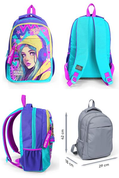 Coral High Üç Gözlü İlkokul ve Ortaokul Çanta Seti - Kız Çocuk - Lavanta Turkuaz Kulaklıklı Kız Desenli