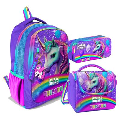 Coral High Üç Gözlü İlkokul ve Ortaokul Çanta Seti - Kız Çocuk - Mor Simli Unicorn Desenli